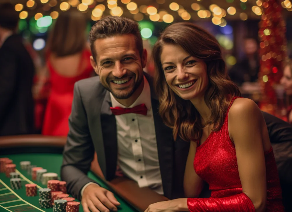 Lights bringing a warm glow to a casino-inspired evening event table