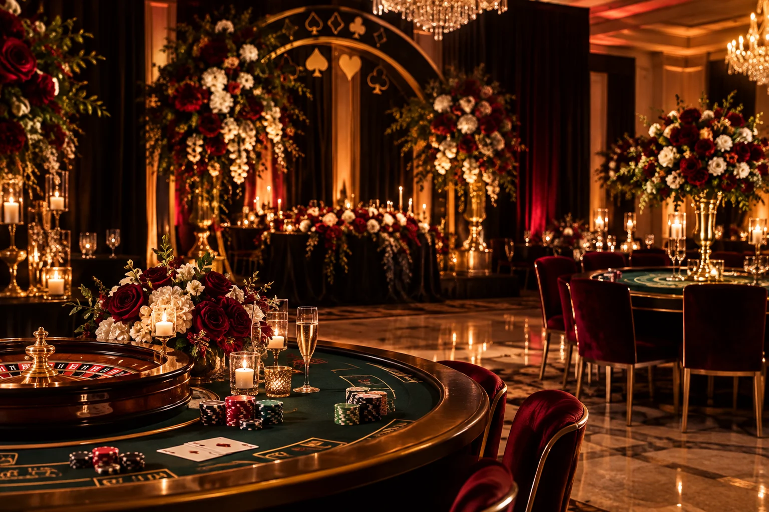 Casino-inspired celebration table framed by abundant flowers and warm evening light